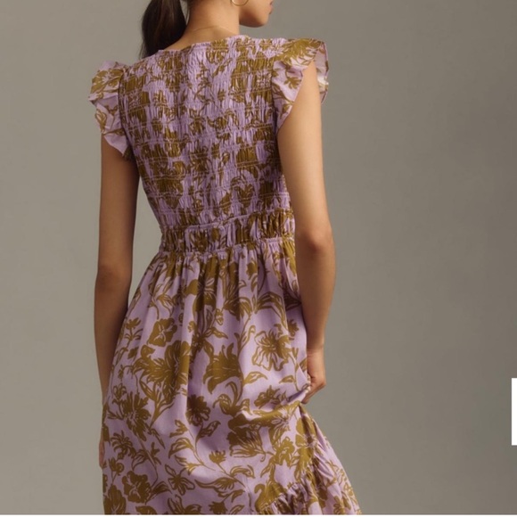 Anthropologie Peregrine Tiered Midi Dress Smocked Cottagecore Large L Purple - Picture 2 of 16